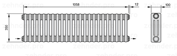 Схема (чертеж) Радиатор Zehnder Charleston 3035/23 №2670 Белый глянцевый RAL 9016